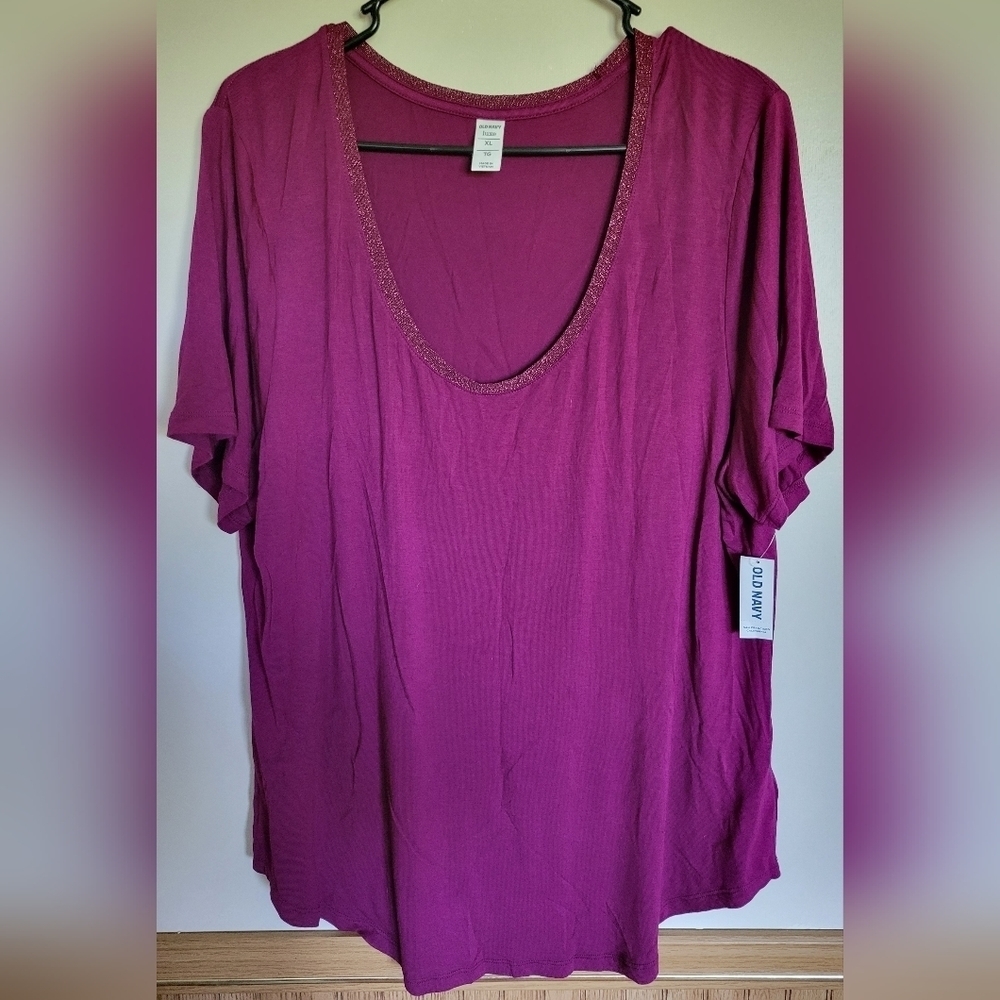NWT Old Navy Luxe Women Plum Purple Soft Top With Embellished Neckline Size XL